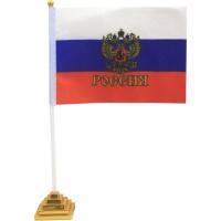 Флаг России с гербом 14x21 см настольный с белым флагштоком 30 см - фото