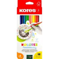 Карандаши акварельные 12 цветов трехгранные с кистью и точилкой Kores - фото