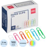 Скрепки канцелярские 33 мм металлические с полимерным покрытием цветные Deli (уп. 100 шт) - фото
