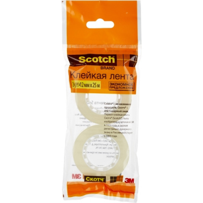 Клейкая лента канцелярская 12 мм х 25 м прозрачная Scotch (уп. 2 шт) - фото 2