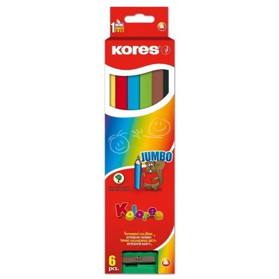 Карандаши цветные 6 цветов трехгранные с точилкой Kores Jumbo - фото 1