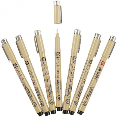 Ручка капиллярная Sakura Pigma Micron 0.2, 0.25, 0.3, 0.35, 0.45, 0.5 мм черные + ручка черная НАБОР - фото 2