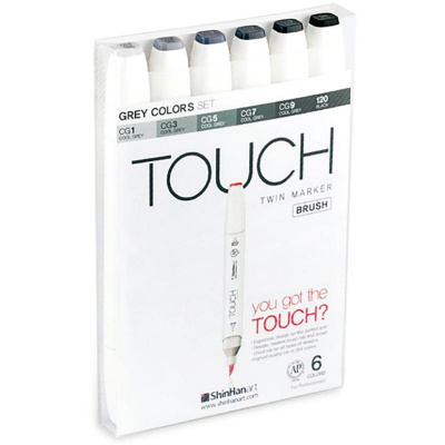 Маркеры для скетчинга 6 цветов двухсторонние серые тона ShinHanart Touch Brush - фото 1