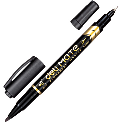 Маркер перманентный двухсторонний черный Deli Mate (толщина линии 0.5/1 мм) - фото 1