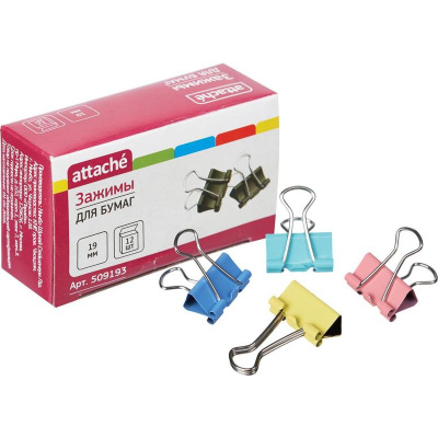 Зажимы для бумаг 19 мм цветные Attache (уп. 12 шт) - фото 1