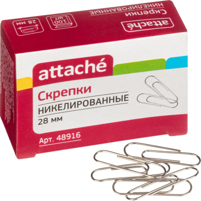 Скрепки канцелярские 28 мм металлические никелированные Attache (уп. 100 шт) - фото 1