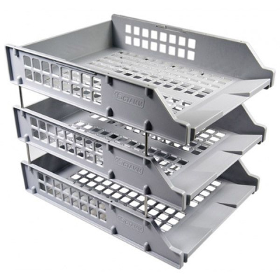Лоток для бумаг горизонтальный серый Стамм Strong 3 штуки на металлических стержнях - фото 1