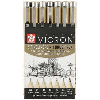 Ручка капиллярная Sakura Pigma Micron 0.2, 0.25, 0.3, 0.35, 0.45, 0.5 мм черные + ручка черная НАБОР - фото 1