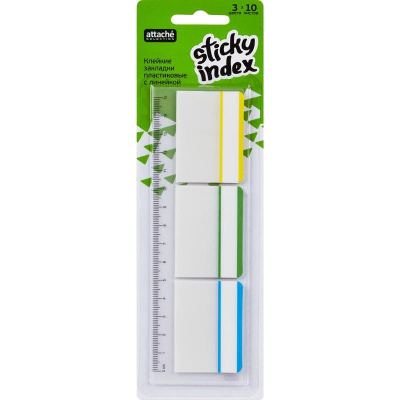 Клейкие закладки пластиковые 37х50 мм 3 цвета по 10 листов Attache Selection на линейке - фото 1
