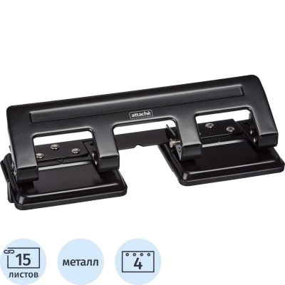 Дырокол на 4 отверстия до 15 листов Attache черный - фото 1