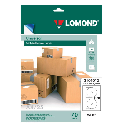 Этикетки для CD/DVD d=117/18 мм белые Lomond (2 шт на листе, уп. 25 л) - фото 1