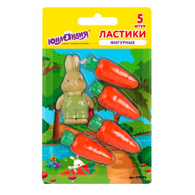 Ластики 43х16х16 мм цветные фигурные Юнландия Зайчик и урожай (уп. 5 шт) - фото 2