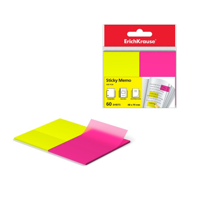 Клейкие закладки пластиковые 75х50 мм 2 цвета по 30 листов Erich Krause Neon в диспенсере - фото 1