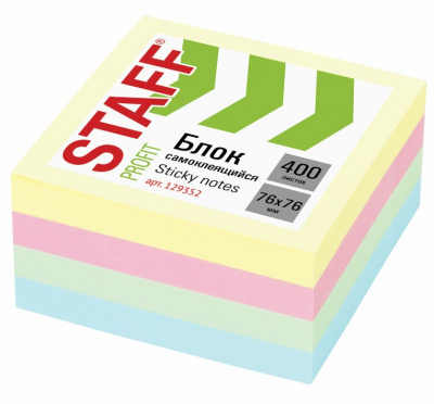 Блок-кубик с клеевым краем 76х76 мм Staff, пастельный, 4 цветов (1 блок, 400 листов) - фото 1