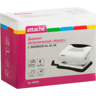 Дырокол до 16 листов Attache Master белый/черный с линейкой - фото 3
