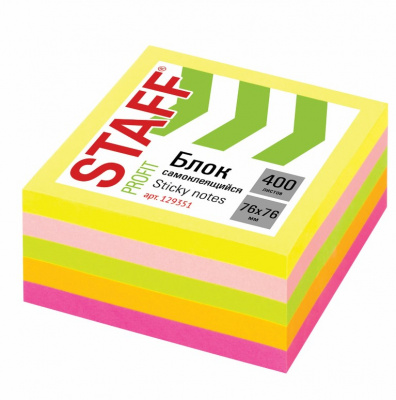 Блок-кубик с клеевым краем 76х76 мм Staff, неоновый, 5 цветов (1 блок, 400 листов) - фото 1