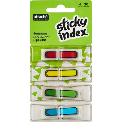 Клейкие закладки-стрелки пластиковые 45х12 мм 4 цвета по 30 листов Attache Selection в диспенсерах - фото 1