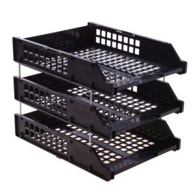 Лоток для бумаг горизонтальный черный Стамм Strong 3 штуки на металлических стержнях - фото 1