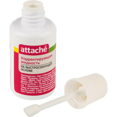 Корректирующая жидкость 20 мл Attache на быстросохнущей основе поролоновая кисточка - фото 1