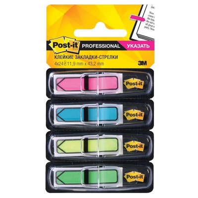 Клейкие закладки-стрелки пластиковые 43.2х11.9 мм 4 цвета по 24 листа Post-it Professional в диспенс - фото 1